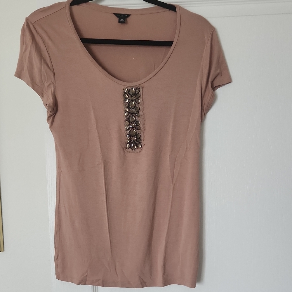 Ann Taylor Pink Embellished Fitted T-Shirt